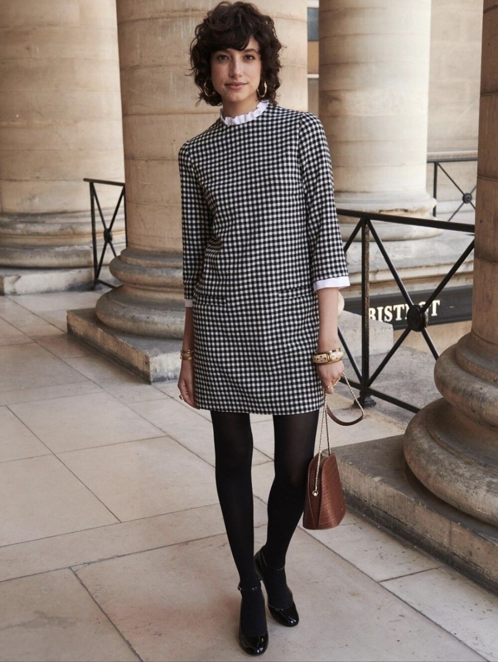 Sézane Erin Black White Gingham Wool Blend Shift Dress Ruffle Collar Sz.36 US 4
